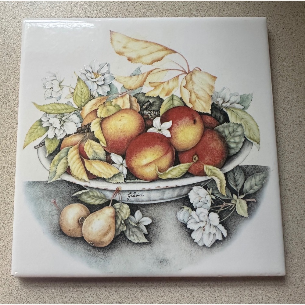 Glasini Vintage Ceramic Fruit Still Life Decorative Tile Cork Backed 6x6 EUC